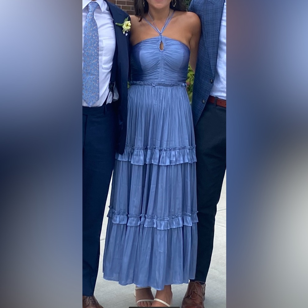 Aqua Blue Pleated Tiered Halter Dress